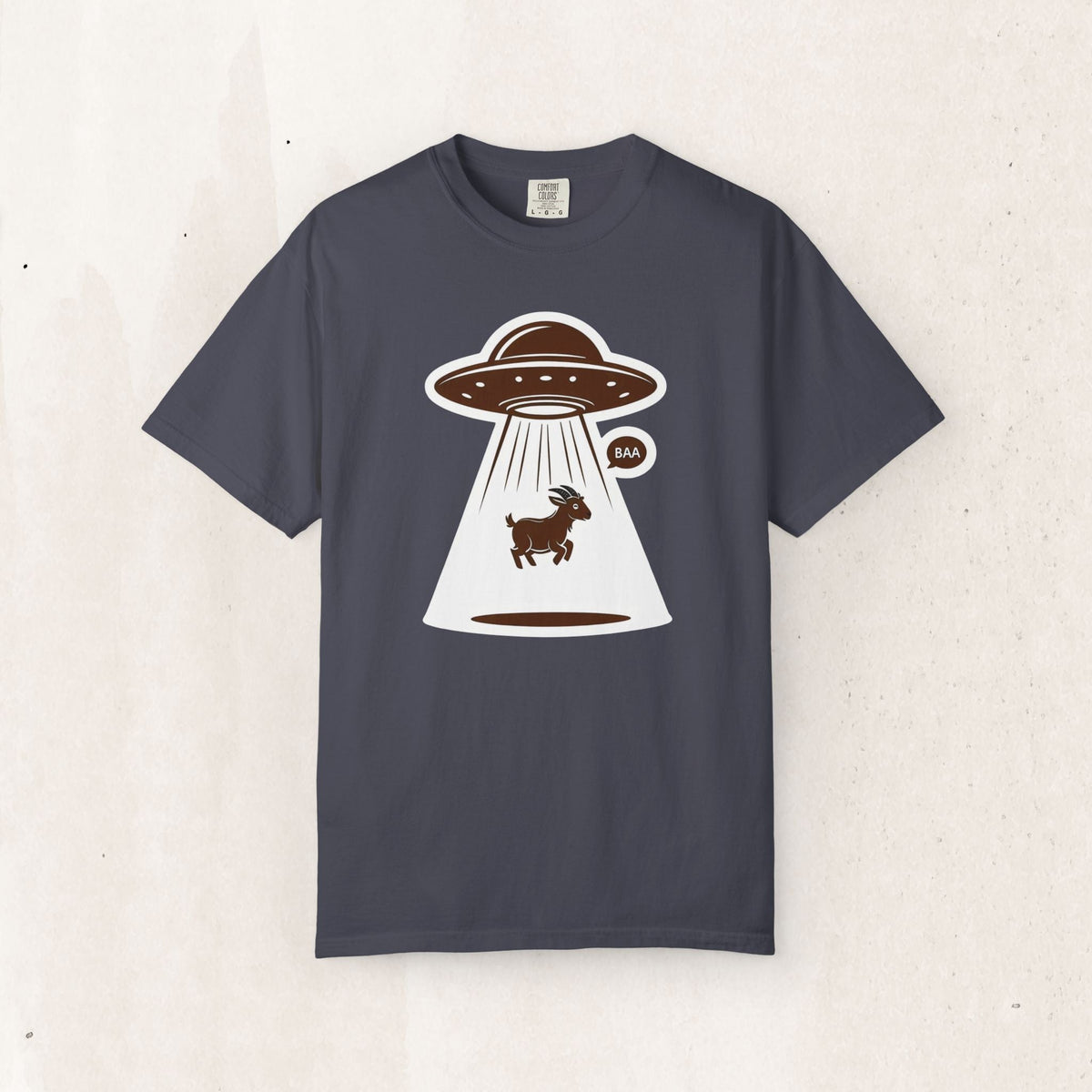 Wicked Thread Society charcoal grey cotton t-shirt featuring a graphic of a UFO abducting a goat saying BAA.