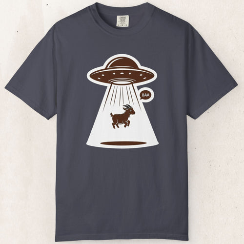 Wicked Thread Society charcoal grey cotton t-shirt featuring a graphic of a UFO abducting a goat saying BAA.