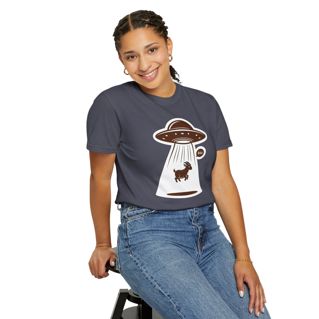 Wicked Thread Society charcoal grey cotton t-shirt featuring a playful UFO alien abduction goat graphic print