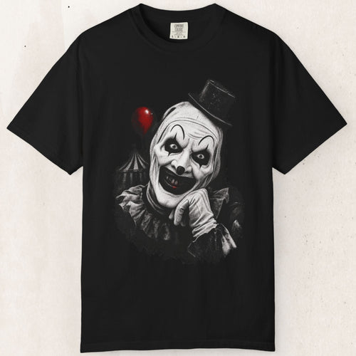 Wicked Thread Society black heavyweight cotton t-shirt featuring a detailed Art the Clown graphic with a red balloon.