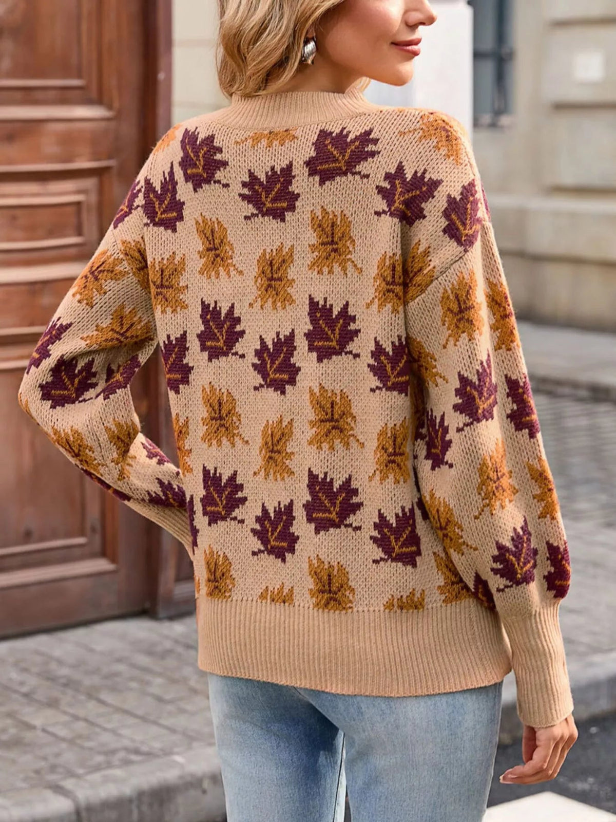 Wicked Thread Society mock neck sweater with a beige base and maroon and yellow autumn leaf pattern
