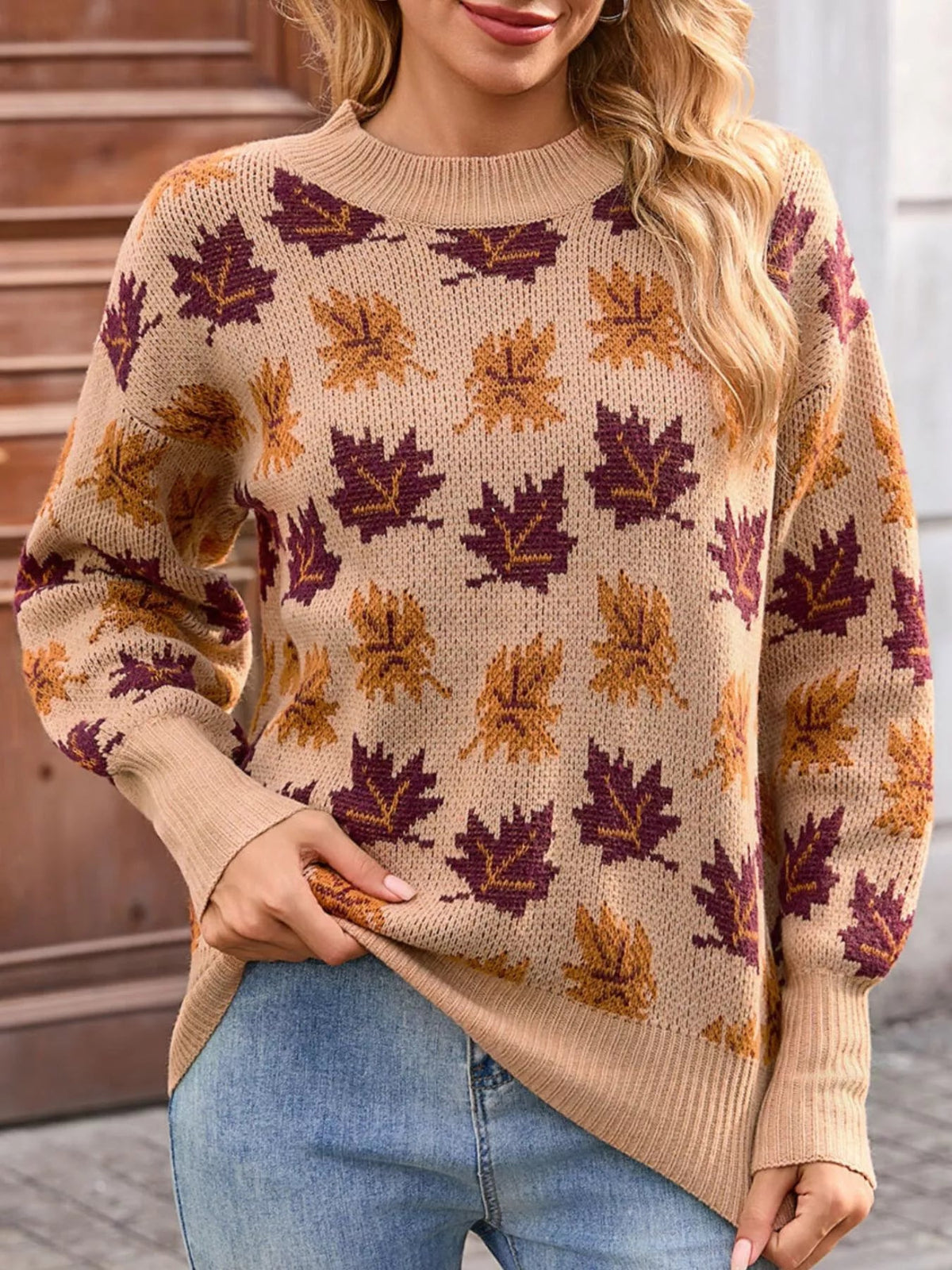 Wicked Thread Society mock neck sweater featuring a beige base with a maroon and orange autumn leaf pattern.