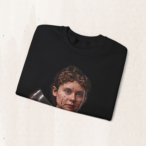 Wicked Thread Society black crewneck sweatshirt featuring a painterly portrait of a woman holding an axe.