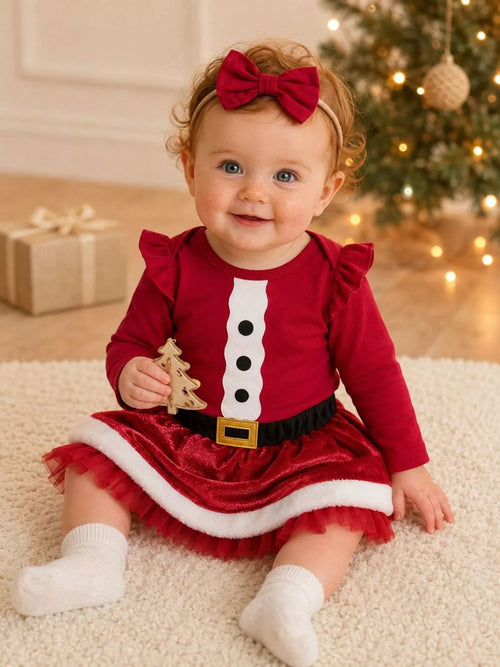 Baby Santa Bodysuit, Skirt & Bow Headband Christmas Set – Wine Red
