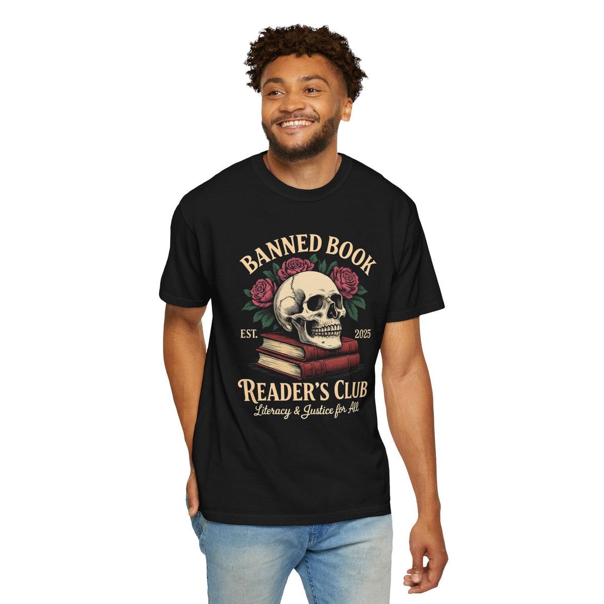 Wicked Thread Society black heavyweight cotton t-shirt featuring a skull, books, and roses graphic print on a man.