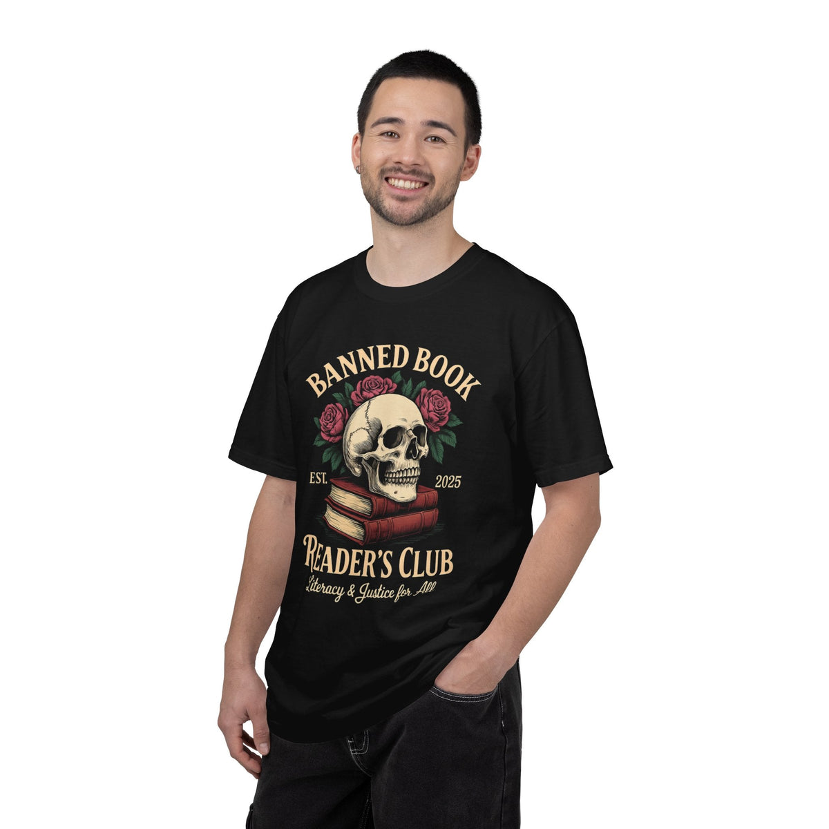 Wicked Thread Society black heavyweight cotton tee featuring a skull, books, and roses Banned Book Reader's Club print
