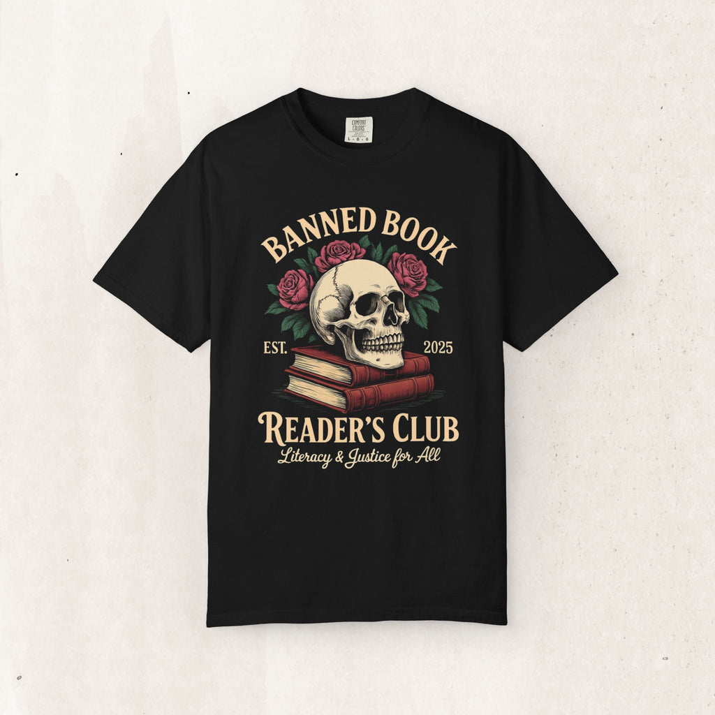 Wicked Thread Society black heavyweight cotton tee featuring a skull, red roses, and Banned Book Reader's Club graphic.