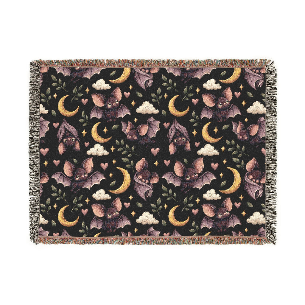 Wicked Thread Society cotton throw blanket featuring a celestial bat, moon, and floral nightscape pattern with fringe.