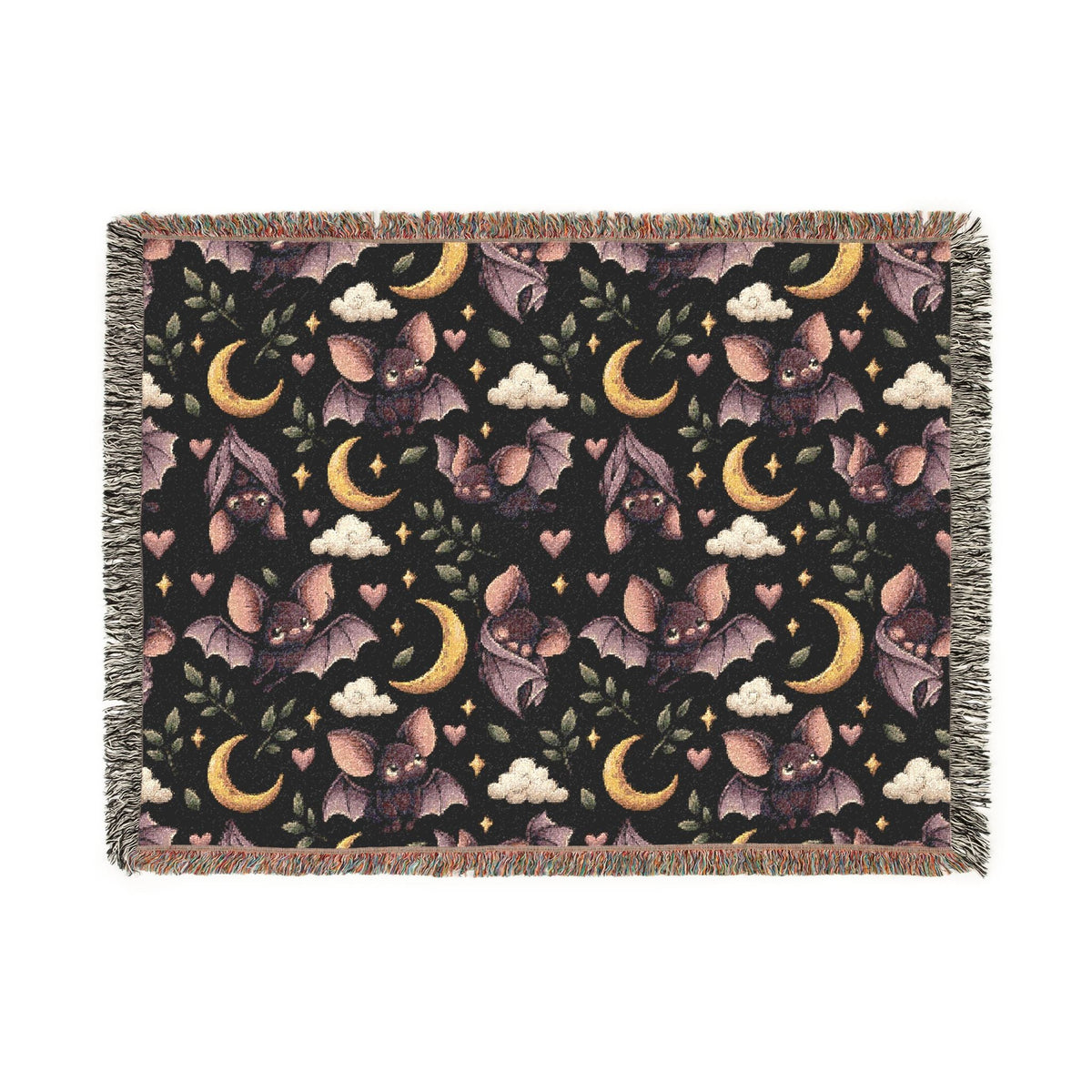 Wicked Thread Society cotton throw blanket featuring a celestial bat, moon, and floral nightscape pattern with fringe.