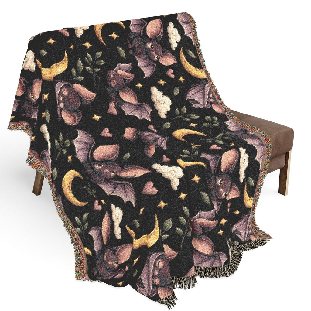 Wicked Thread Society cotton woven throw blanket featuring a dark nightscape with bats, crescent moons, and flowers.