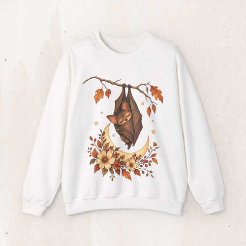 Wicked Thread Society white crewneck sweatshirt featuring a sleepy bat hanging from a branch above a crescent moon.