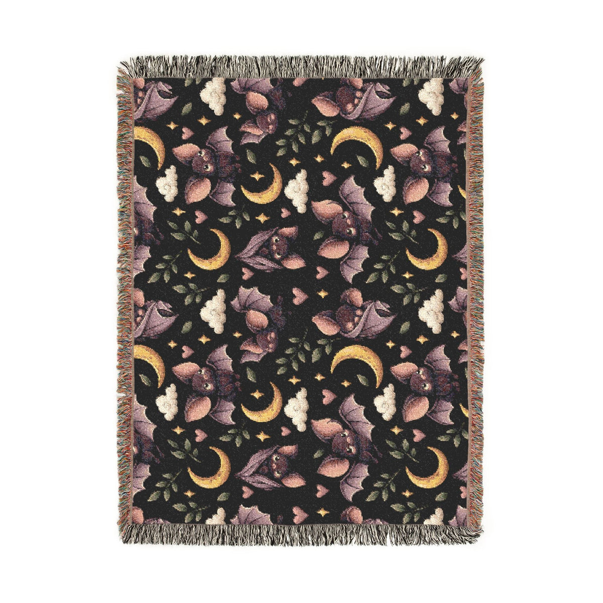 Wicked Thread Society cotton throw blanket featuring a dark nightscape with bats, crescent moons, and floral motifs.
