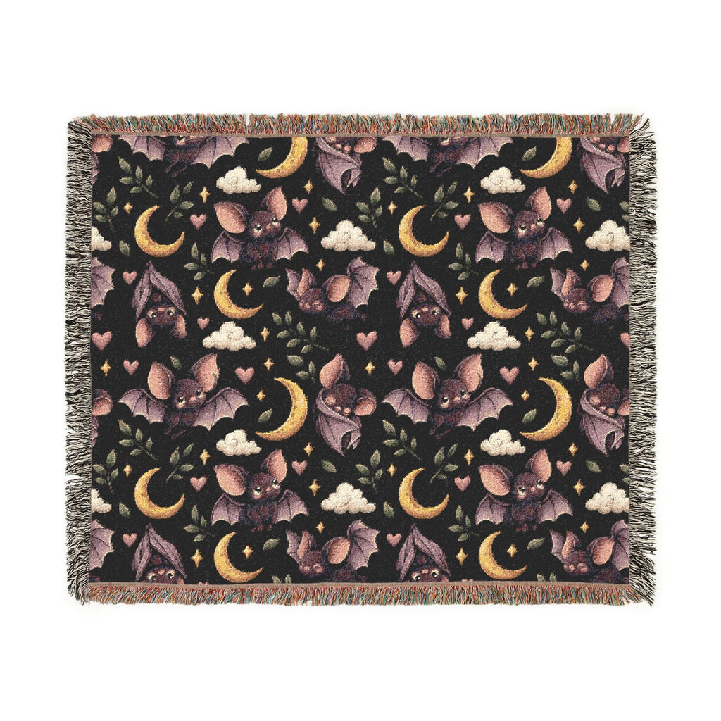 Wicked Thread Society woven cotton throw blanket featuring a dark nightscape with bats, crescent moons, and flowers.