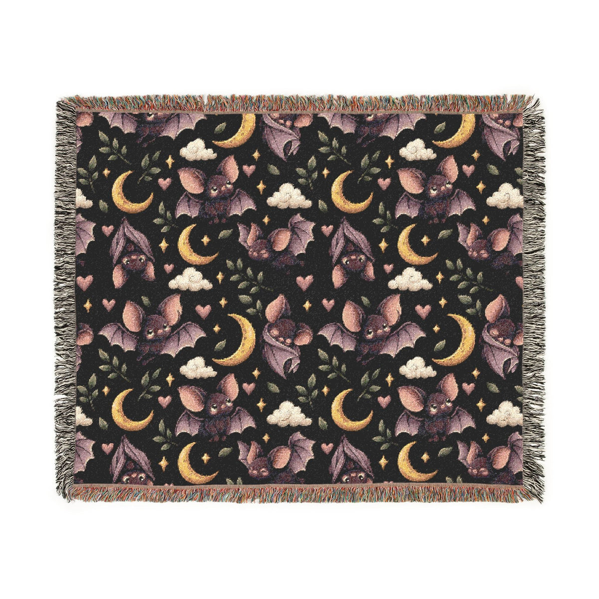Wicked Thread Society woven cotton throw blanket featuring a dark nightscape with bats, crescent moons, and flowers.