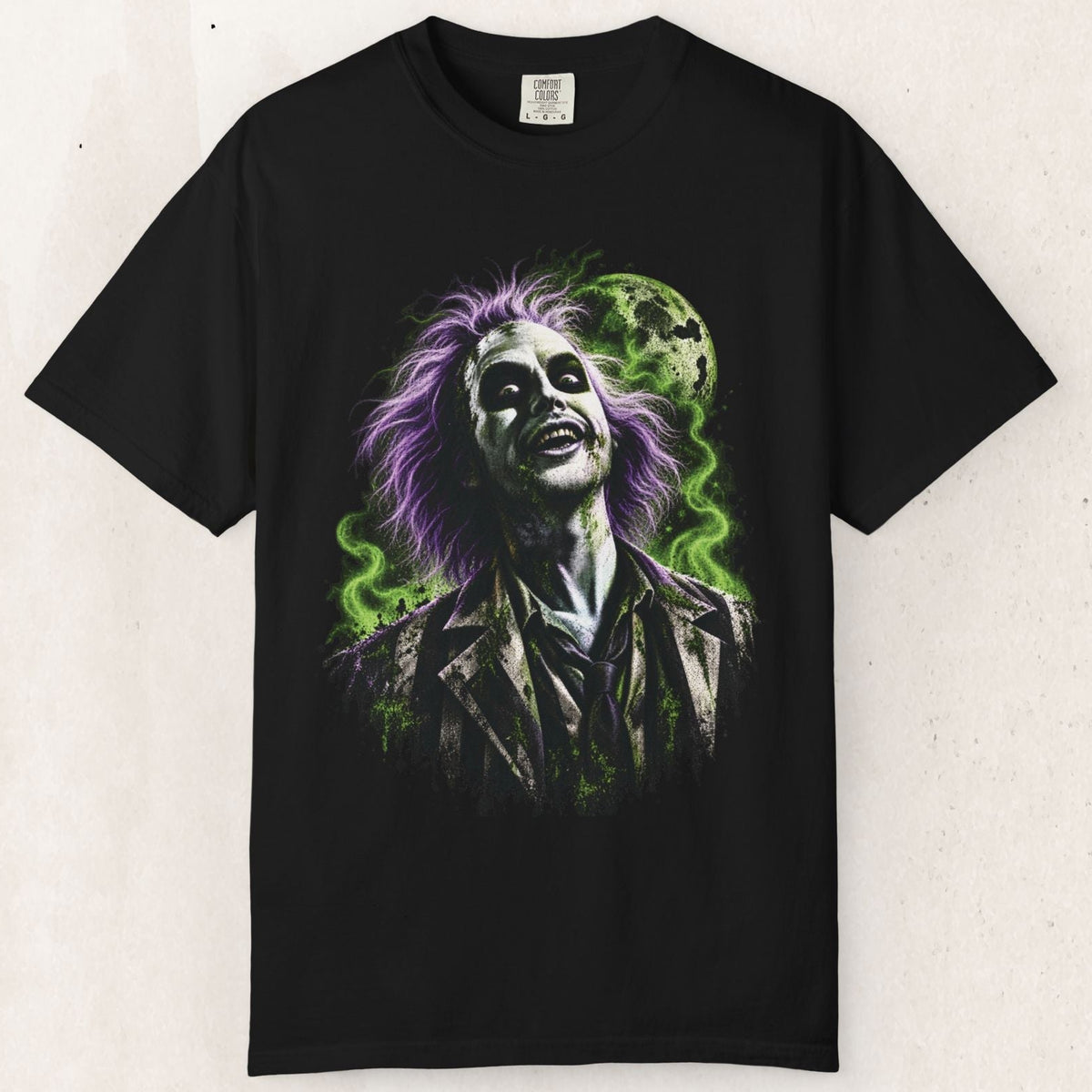 Beetlejuice Graphic Tee – Purple & Green Gothic Screen Print – Black