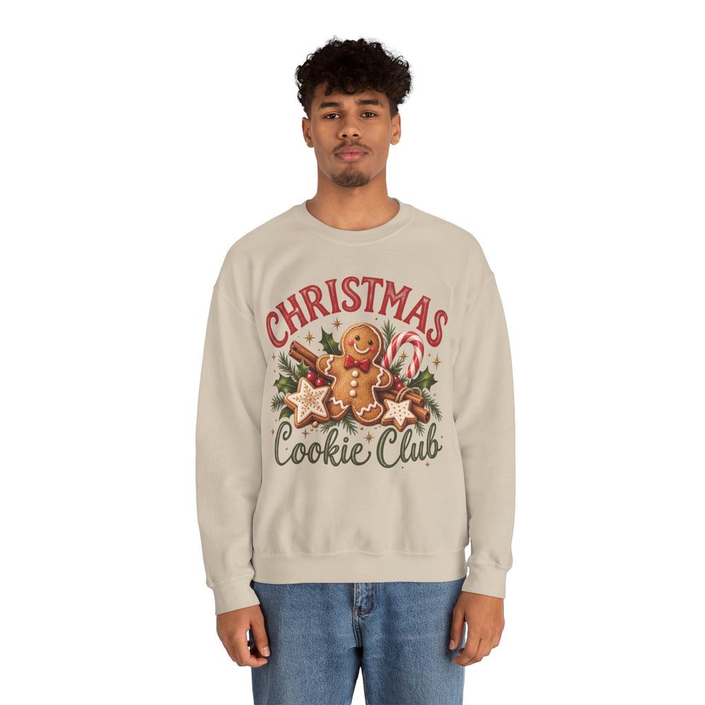 Wicked Thread Society beige crewneck sweatshirt featuring a festive gingerbread man and Christmas cookie graphic.