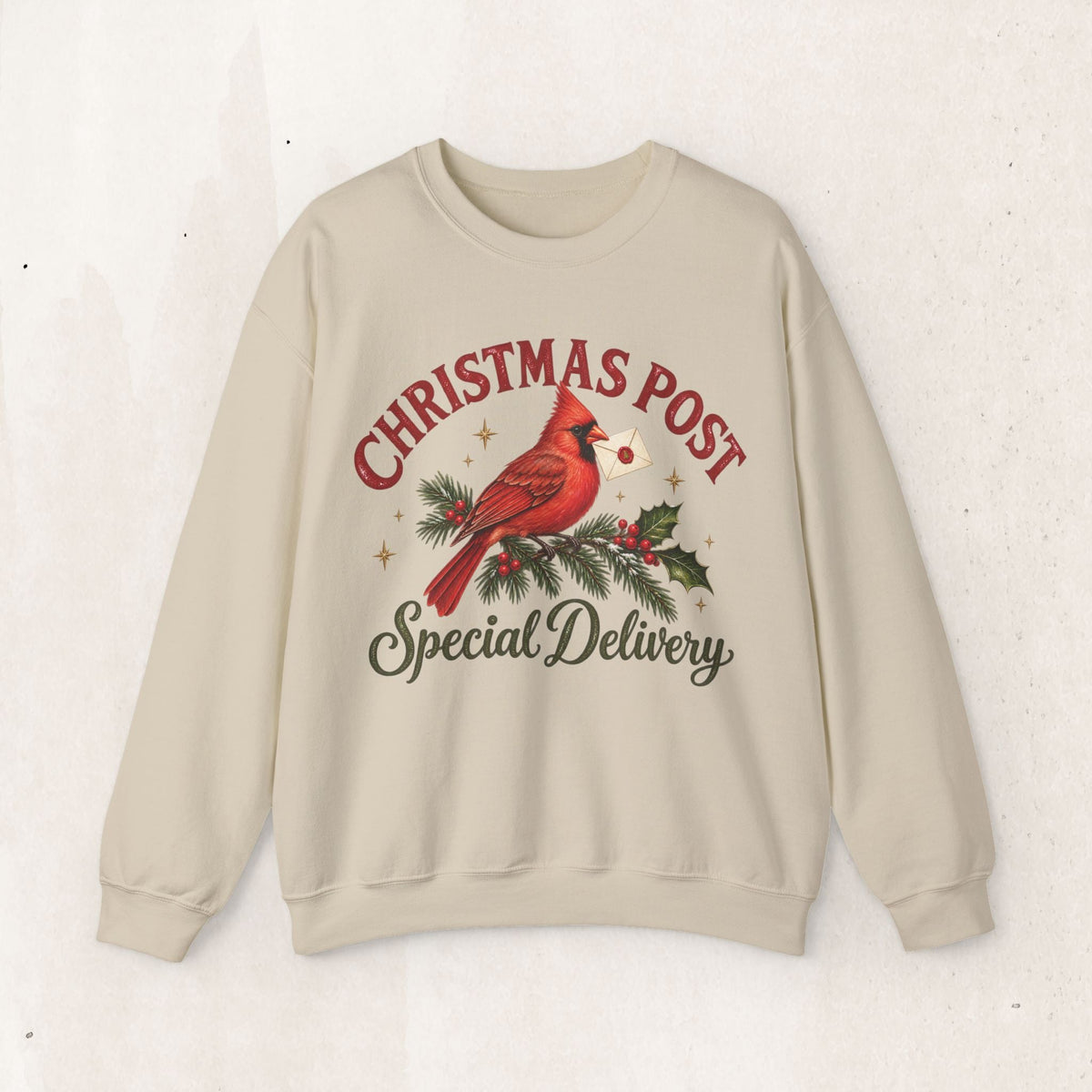 Wicked Thread Society beige crewneck sweatshirt featuring a cardinal on a pine branch with a Christmas letter graphic.