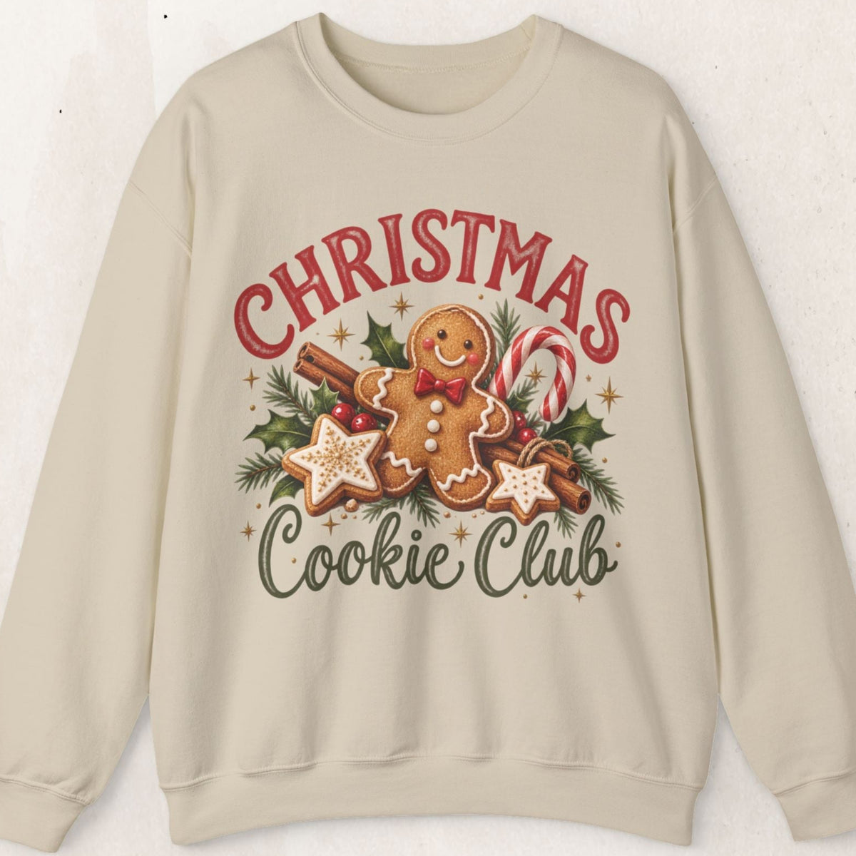Wicked Thread Society beige crewneck sweatshirt featuring a festive gingerbread man and Christmas cookie graphic.