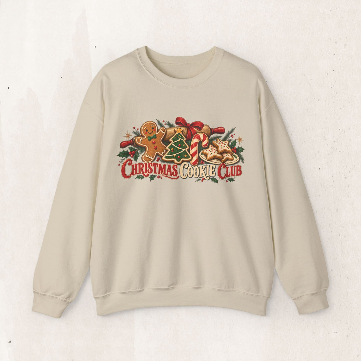Wicked Thread Society beige crewneck sweatshirt featuring a festive Christmas Cookie Club graphic with holiday treats.