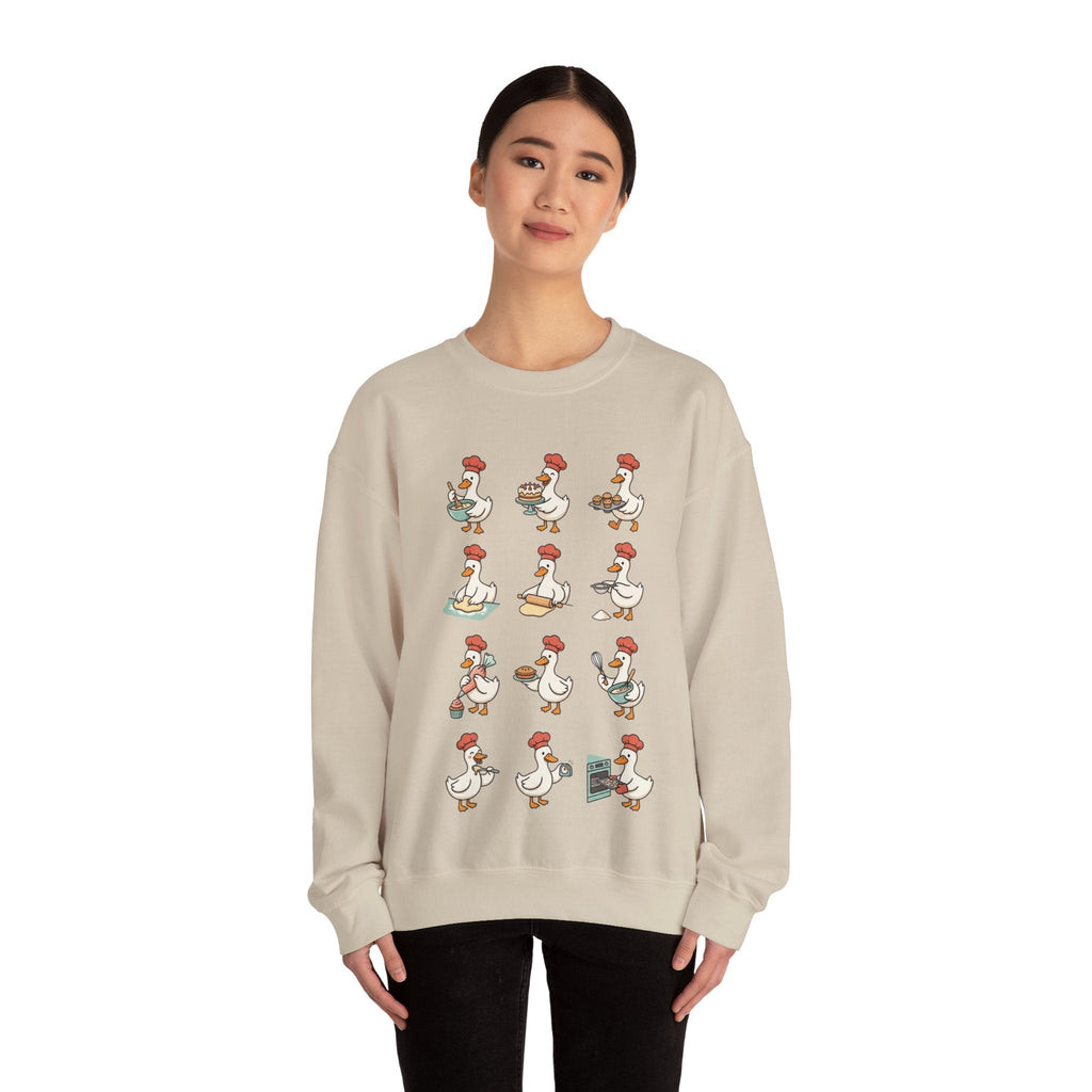 Wicked Thread Society beige crewneck sweatshirt featuring a whimsical print of geese baking for Thanksgiving.
