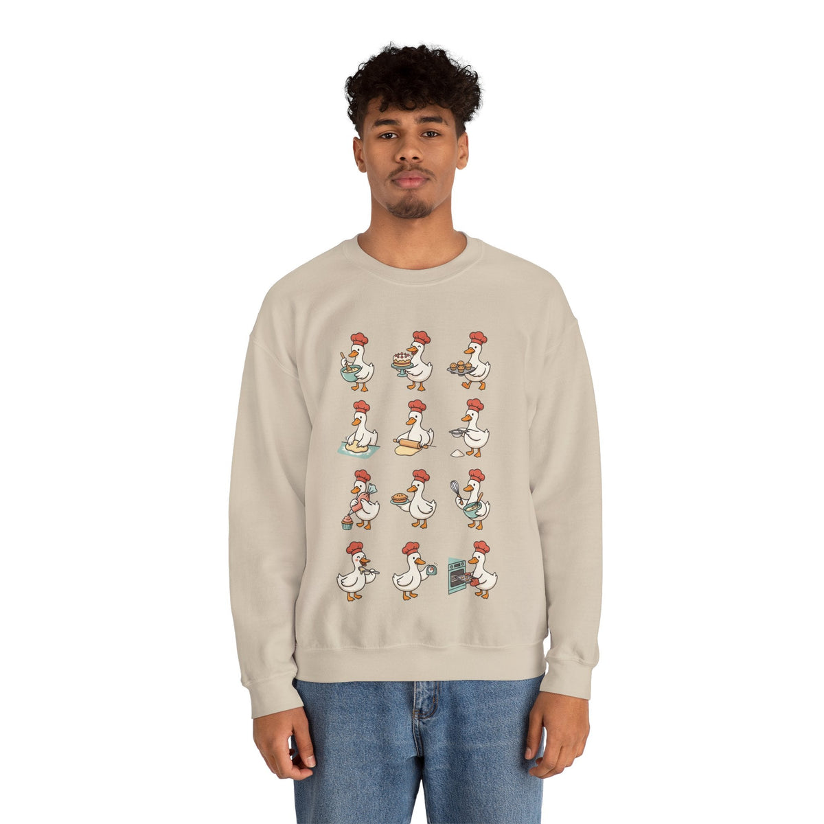 Wicked Thread Society beige crewneck sweatshirt featuring a whimsical print of geese baking for Thanksgiving.