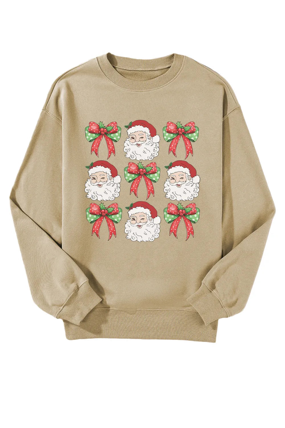 Wicked Thread Society beige long sleeve sweatshirt featuring a repeating Santa Claus and festive bow graphic print