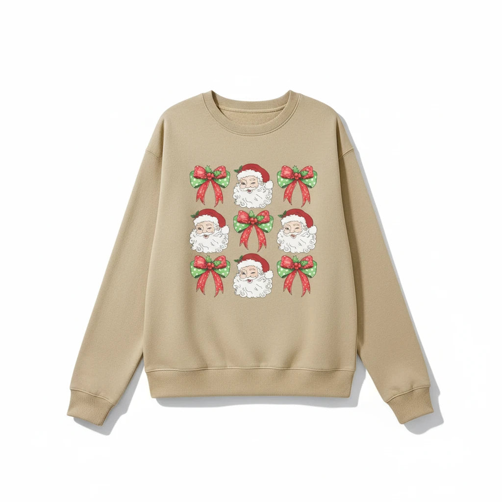 Wicked Thread Society beige long sleeve sweatshirt featuring a festive Santa Claus and holiday bow graphic print