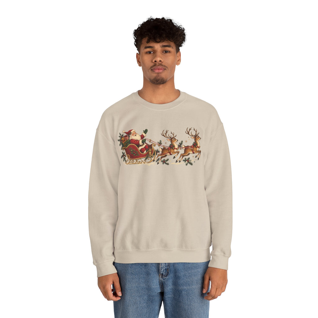A man wearing a Wicked Thread Society beige crewneck sweatshirt with a vintage Santa and reindeer holiday print.