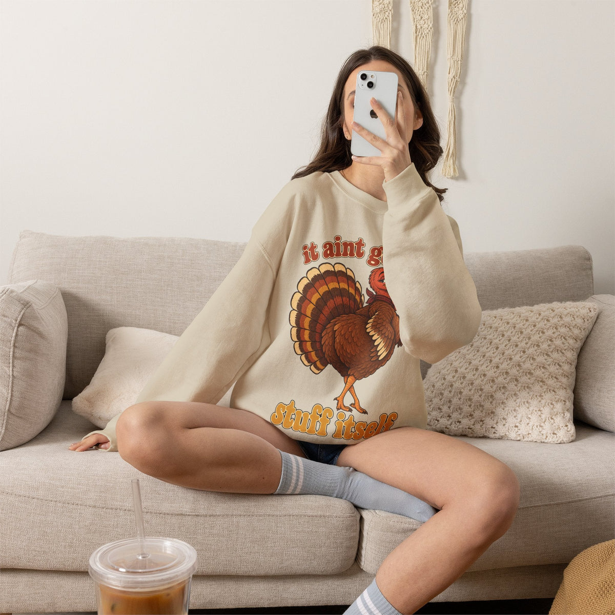 Wicked Thread Society beige crewneck sweatshirt with a retro turkey graphic and It Aint Gonna Stuff Itself slogan