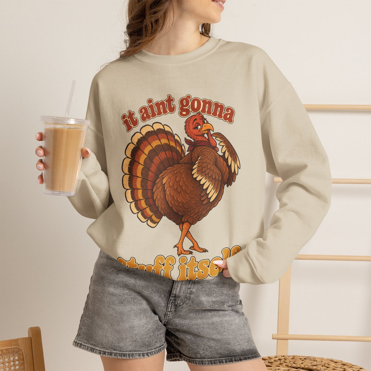 Wicked Thread Society beige crewneck sweatshirt with a retro turkey graphic and It Ain't Gonna Stuff Itself text