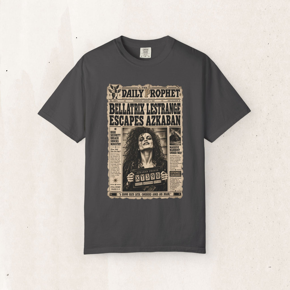 Wicked Thread Society charcoal crew neck t-shirt featuring a vintage Daily Prophet Bellatrix Lestrange graphic.
