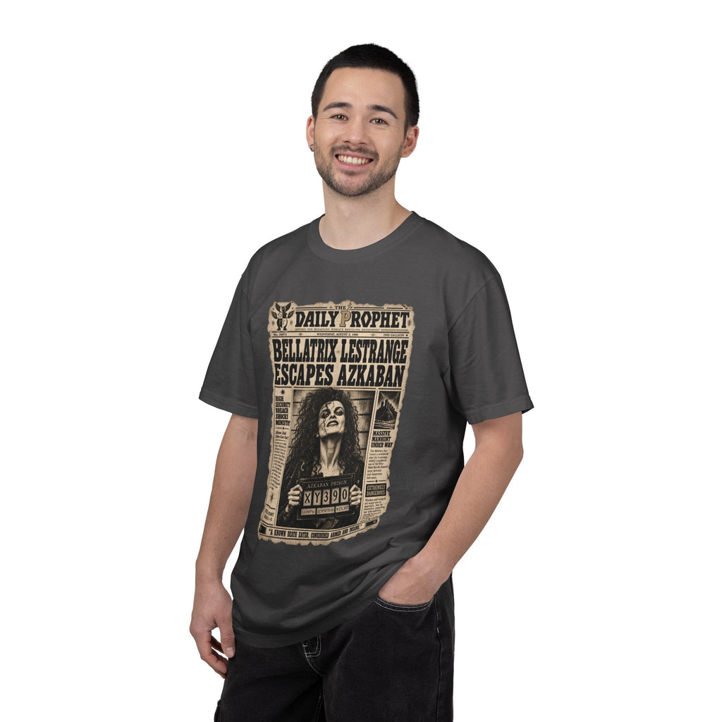 Wicked Thread Society charcoal crew neck t-shirt featuring a vintage Daily Prophet Bellatrix Lestrange graphic print
