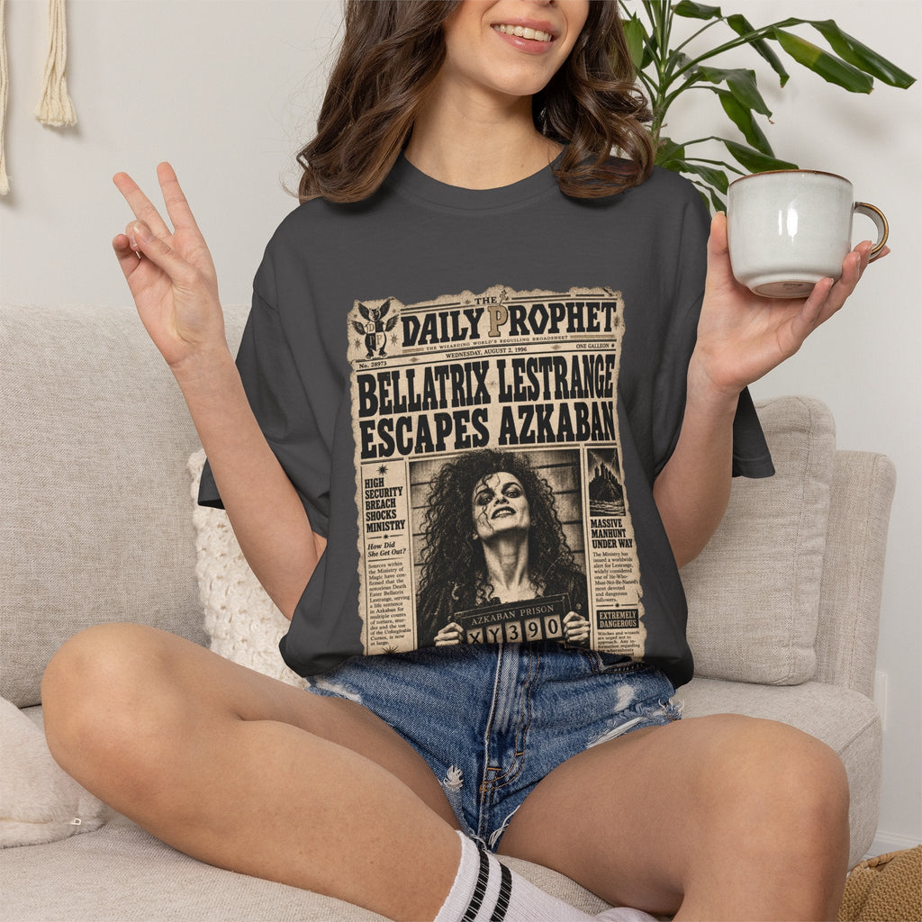 Wicked Thread Society charcoal grey crew neck t-shirt featuring a vintage Daily Prophet Bellatrix Lestrange graphic.