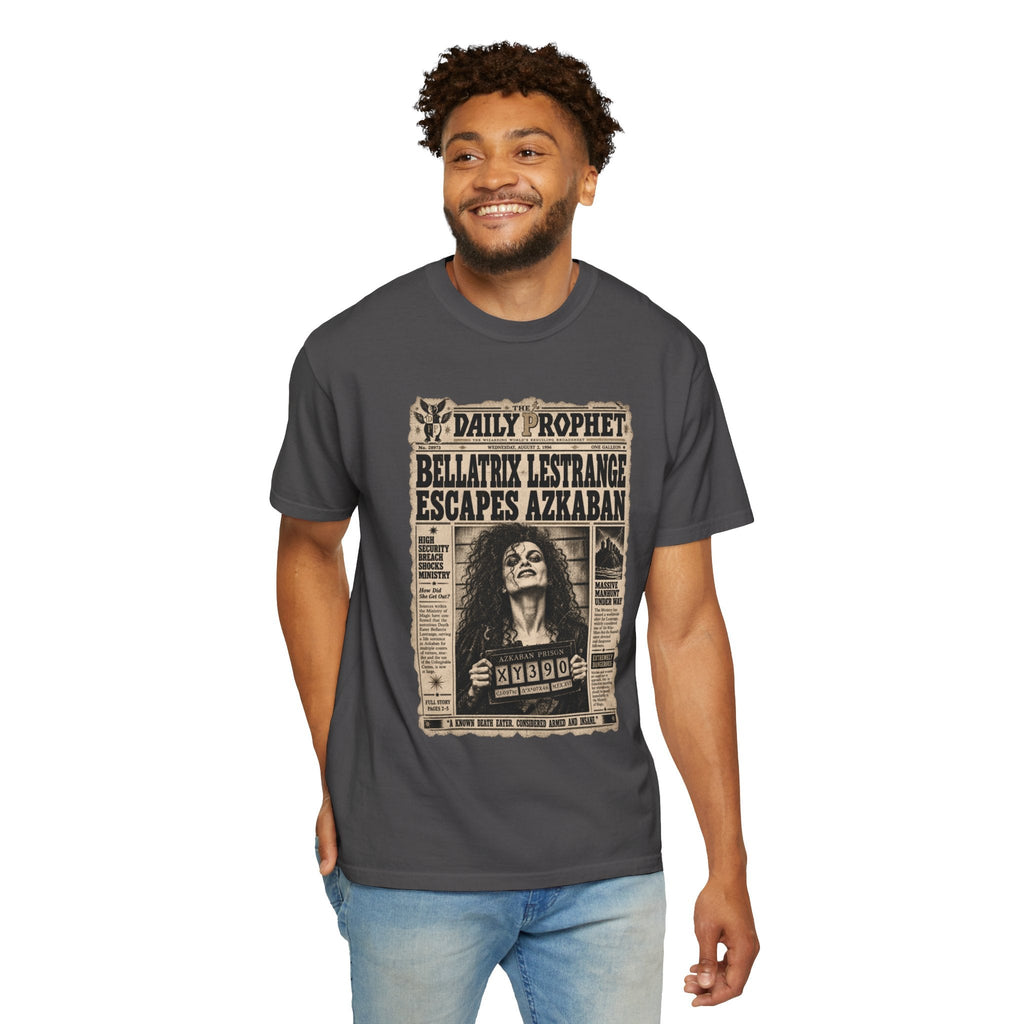 Wicked Thread Society charcoal crew neck t-shirt featuring a vintage Daily Prophet Bellatrix Lestrange graphic print