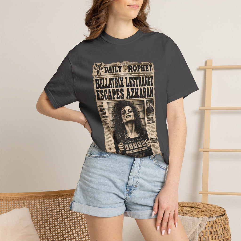 Wicked Thread Society charcoal crew neck t-shirt featuring a vintage Daily Prophet Bellatrix Lestrange graphic print.