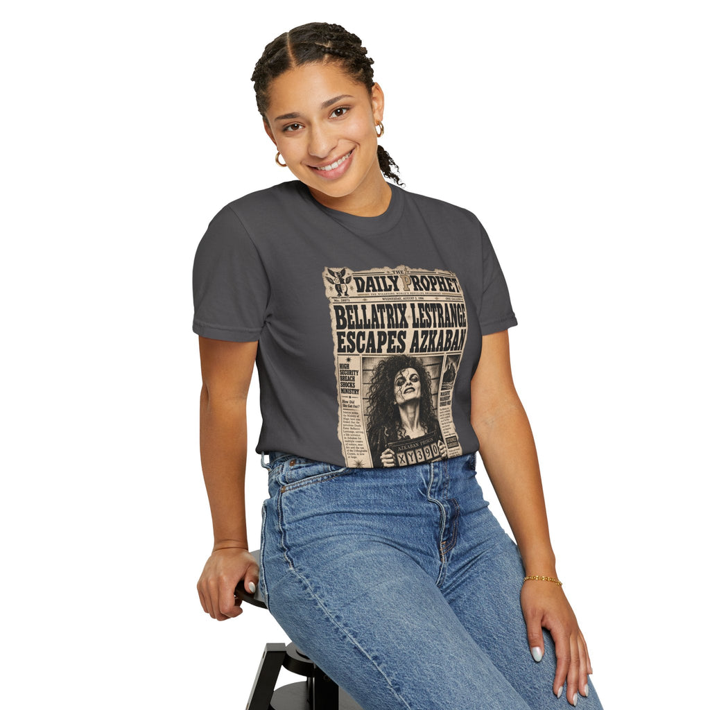 Wicked Thread Society charcoal crew neck t-shirt with a vintage Daily Prophet Bellatrix Lestrange graphic print.