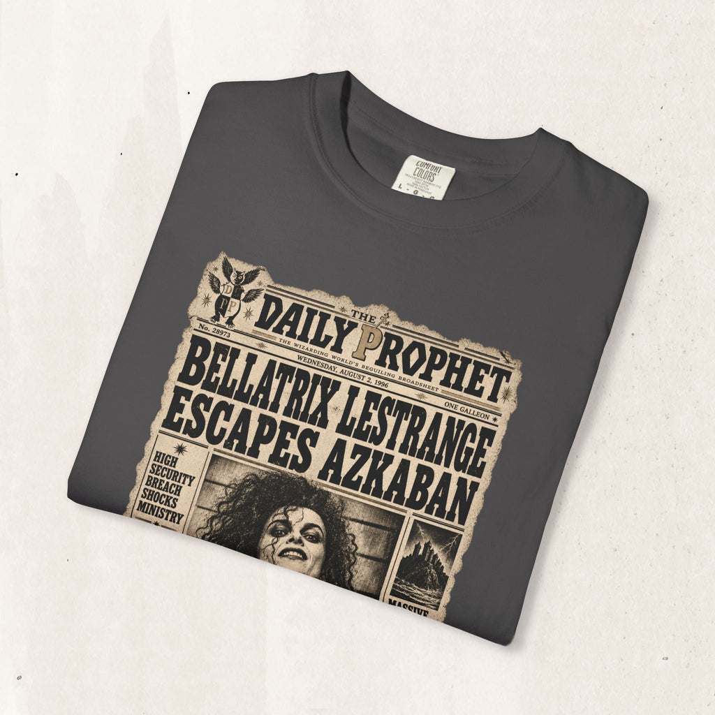 Wicked Thread Society charcoal crew neck t-shirt featuring a distressed Daily Prophet Bellatrix Lestrange graphic.