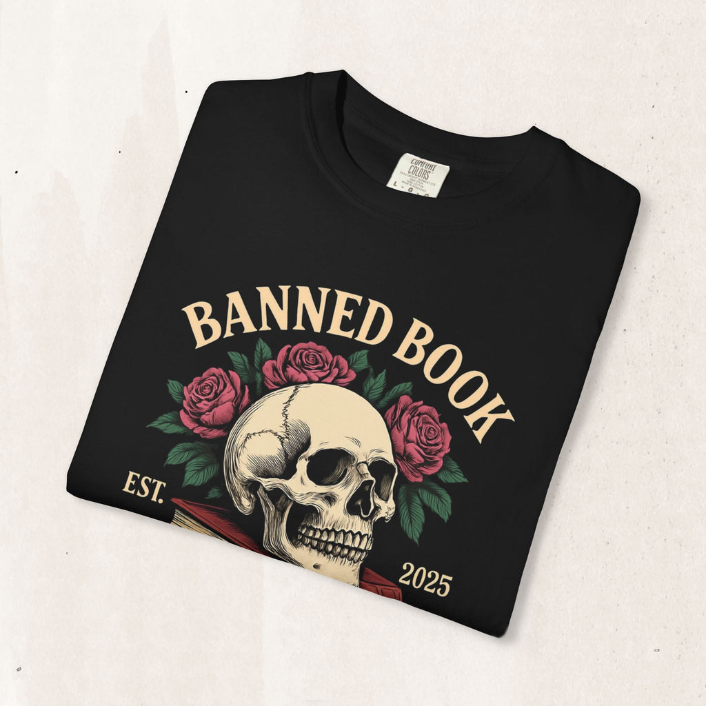 Wicked Thread Society black heavyweight cotton tee featuring a skull, roses, and Banned Book Reader's Club graphic.