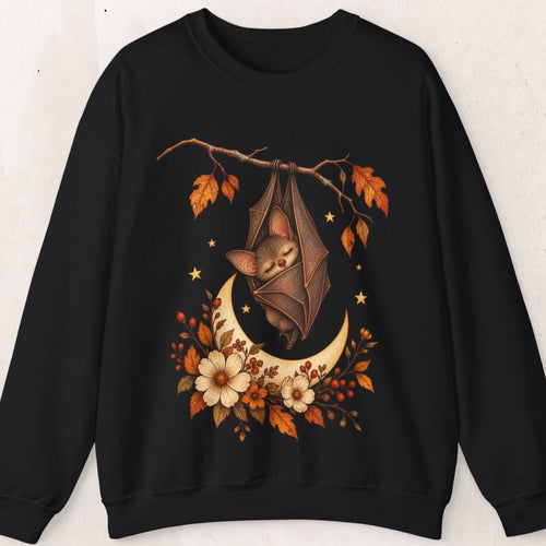 Wicked Thread Society black crewneck sweatshirt featuring a sleepy bat, crescent moon, and autumn floral illustration.