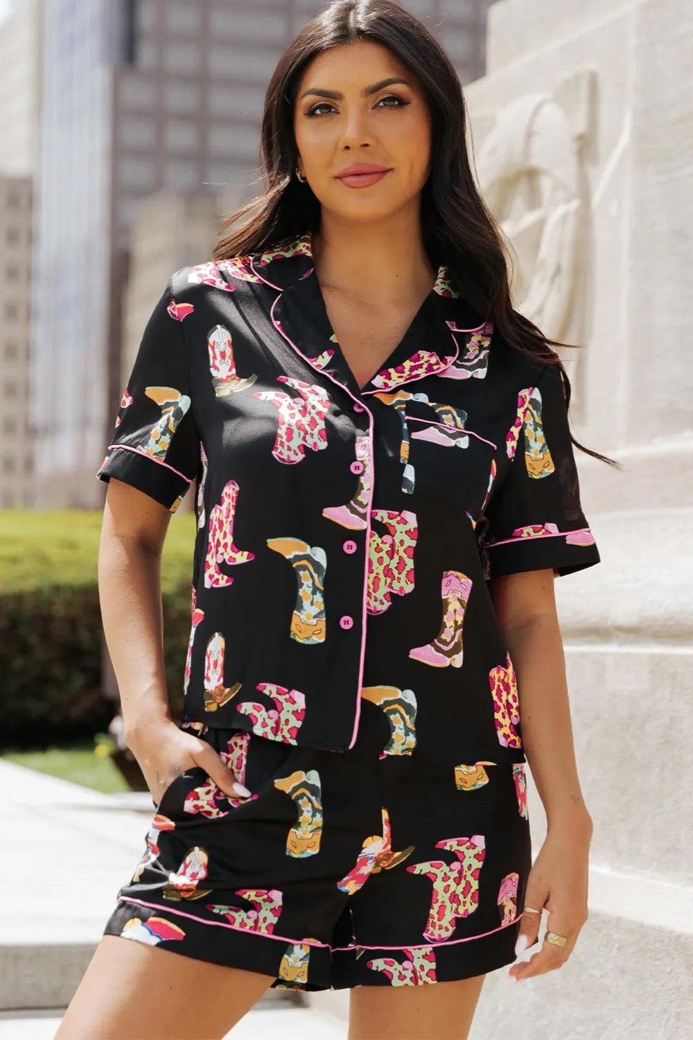 Wicked Thread Society black lounge set with pink-trimmed button-up shirt and shorts featuring western boot print
