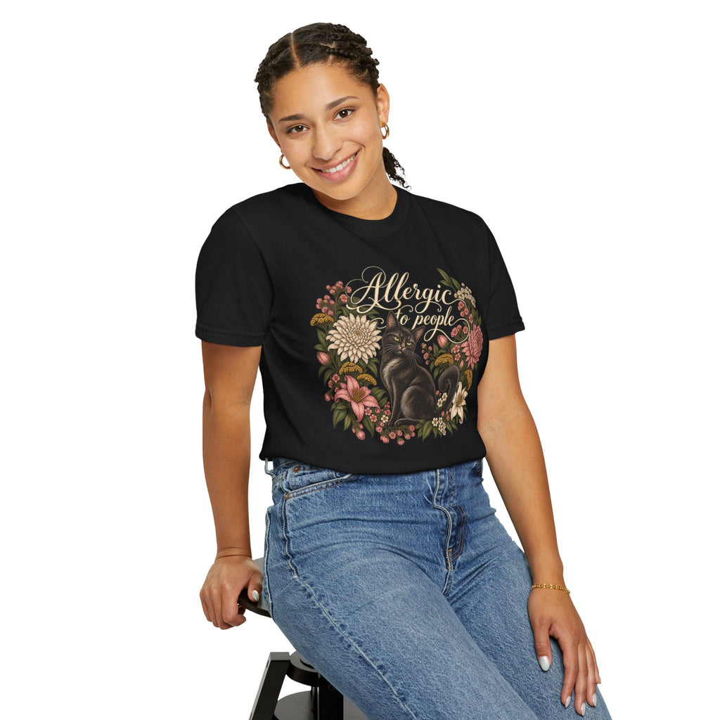 Wicked Thread Society black graphic t-shirt featuring a cat and floral wreath print worn by a smiling woman