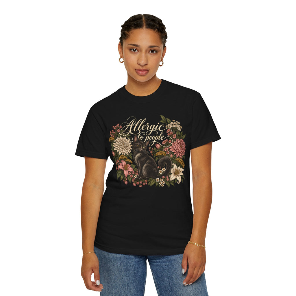 Wicked Thread Society black t-shirt featuring a black cat illustration with a floral wreath and Allergic to People text