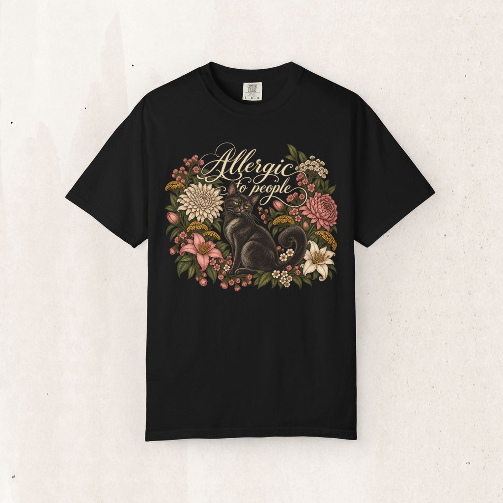Wicked Thread Society black t-shirt featuring a black cat illustration surrounded by a vintage floral wreath.