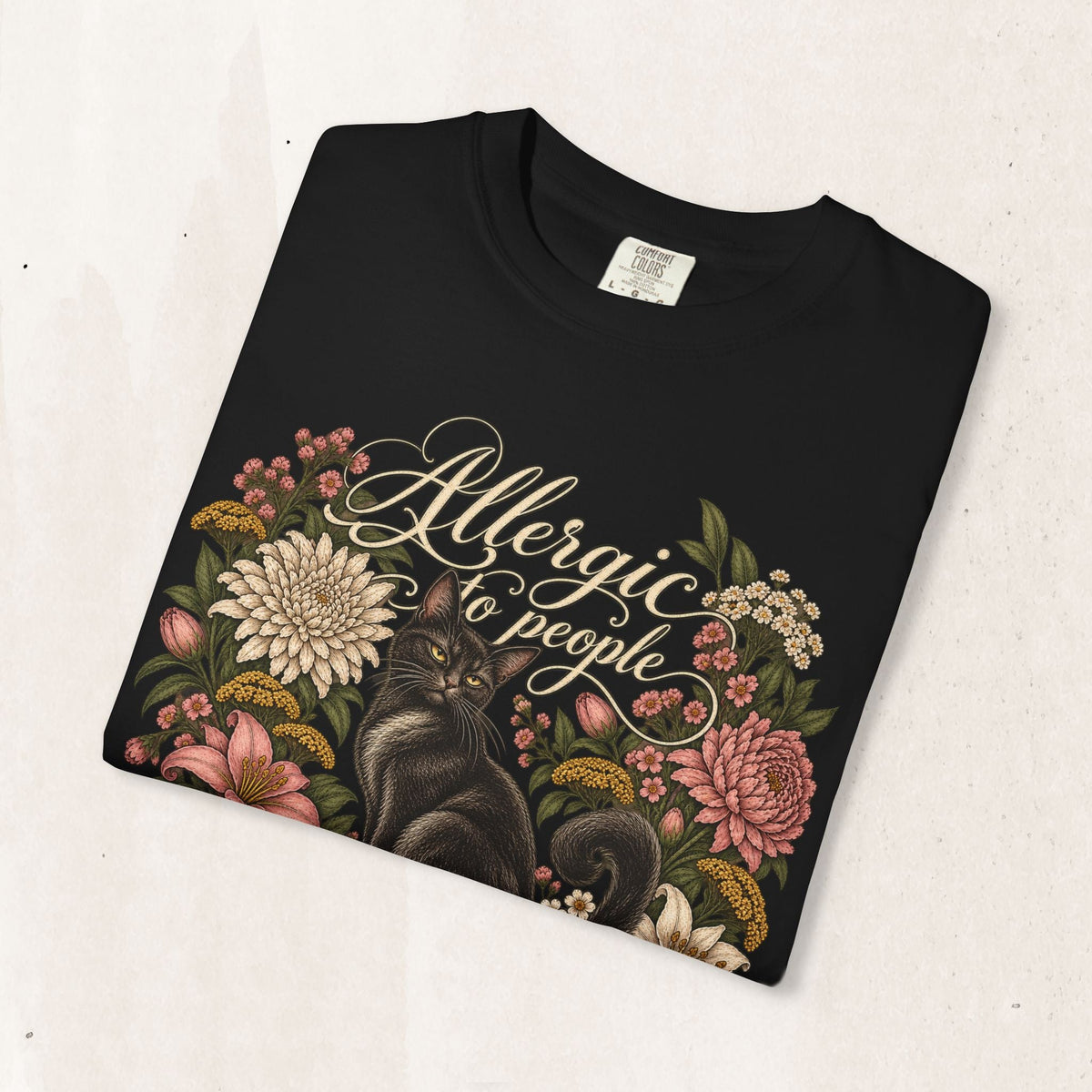 Wicked Thread Society black graphic t-shirt featuring a black cat illustration and floral wreath with script text.