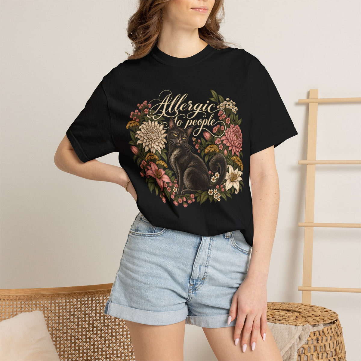 Wicked Thread Society black graphic t-shirt featuring a black cat and floral wreath with Allergic to People text.