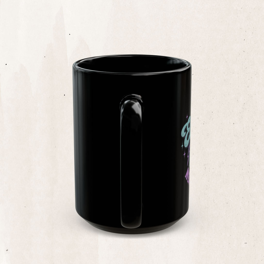 Wicked Thread Society glossy black ceramic coffee mug with neon-style graphic design and comfortable C-shaped handle