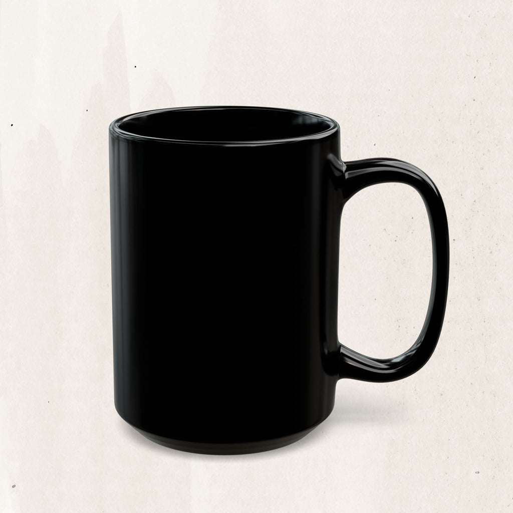 Wicked Thread Society glossy black ceramic coffee mug with a C-shaped handle on a neutral textured background.