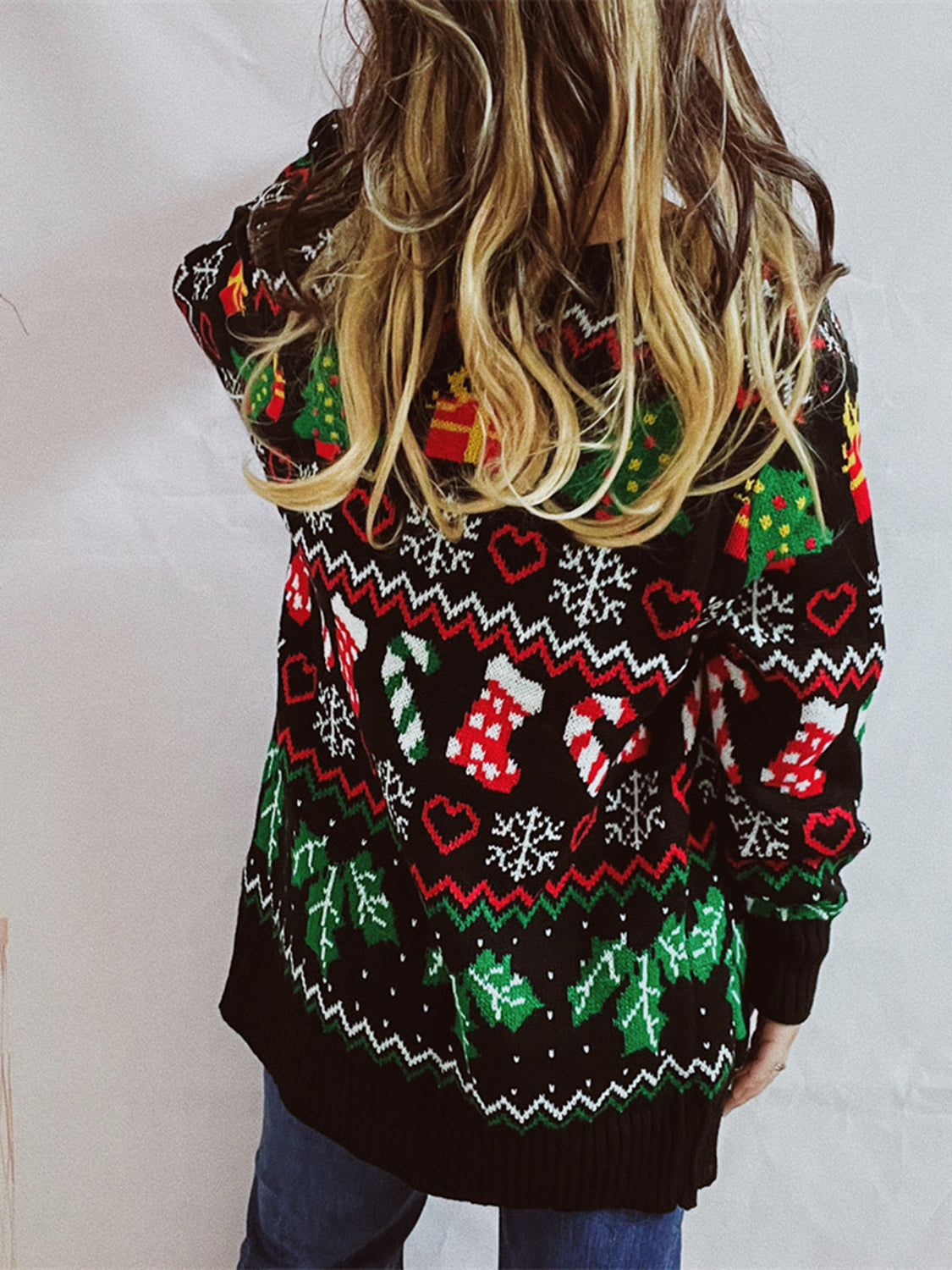 Wicked Thread Society black long sleeve cardigan with festive Christmas tree, stocking, and snowflake print