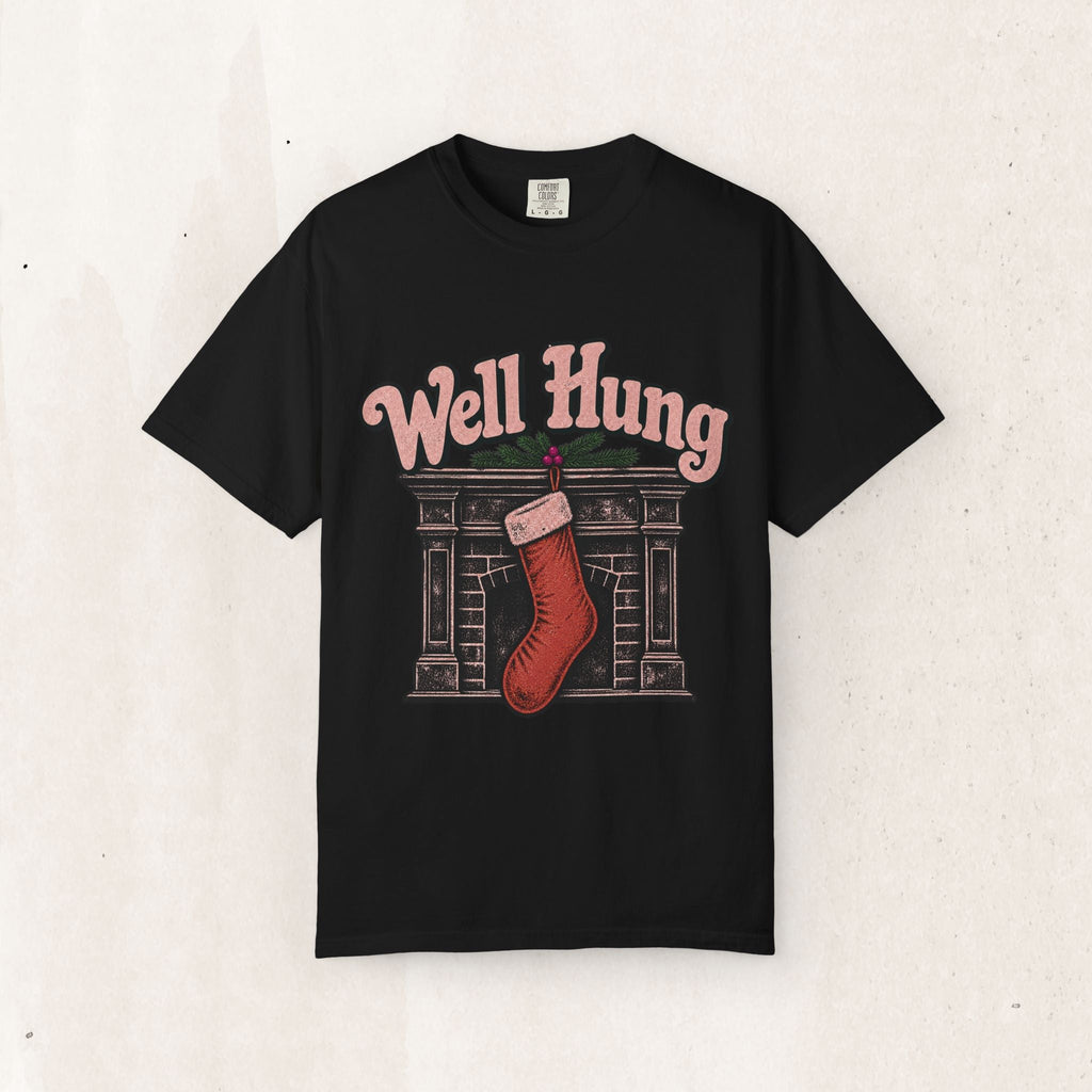 Wicked Thread Society black crewneck t-shirt with a vintage-style Christmas stocking graphic and humorous text.
