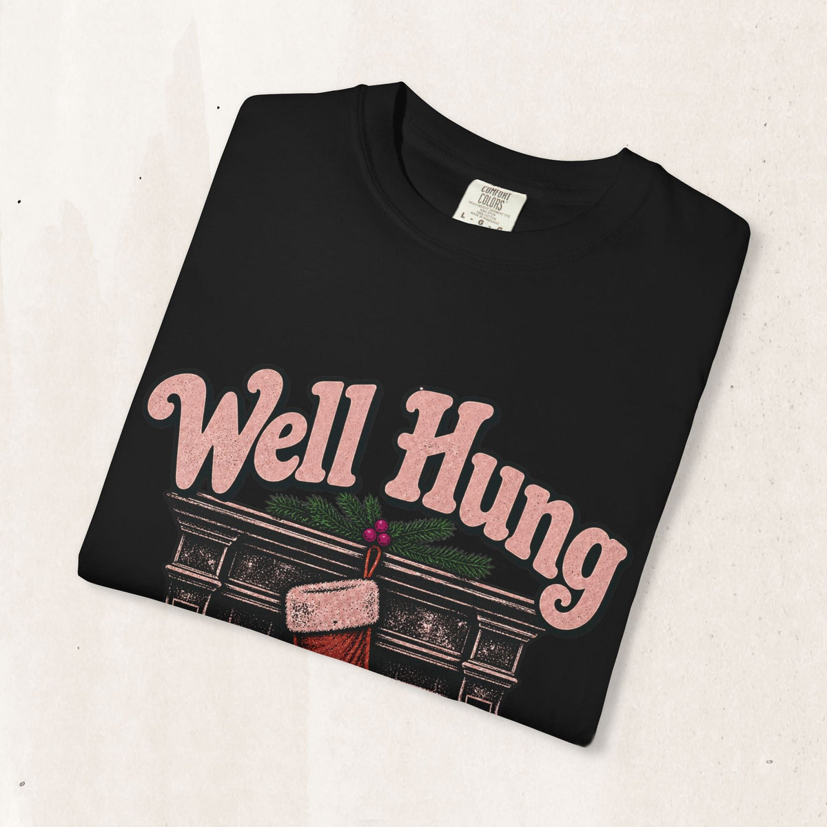 Wicked Thread Society black crewneck t-shirt with a vintage Well Hung Christmas stocking graphic print
